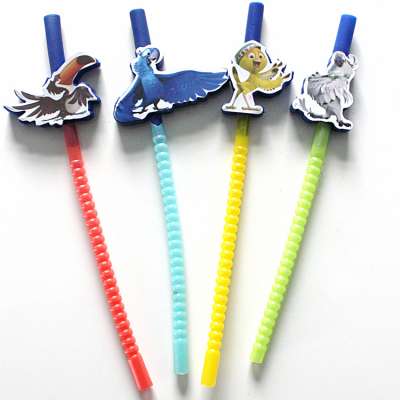 Spiral shaped drinking straw with cartoon ornament for promotional gifts